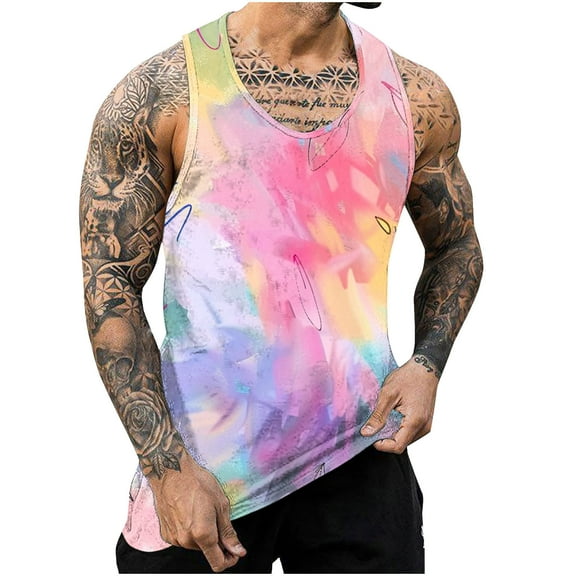 JUUYY Men's Tie Dye Tank Top - Beach Tank Tops for Men - Sleeveless Summer Tops - Mens Athletic Gym T-Shirts Pink M