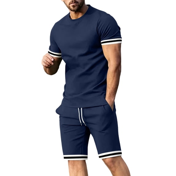 JUUYY Men's Tracksuits 2 Piece Sets Casual Loose Fit Striped Crew Neck Short Sleeve Tee Shirt Shorts Set Sports Athletic Outfit Navy XXXL