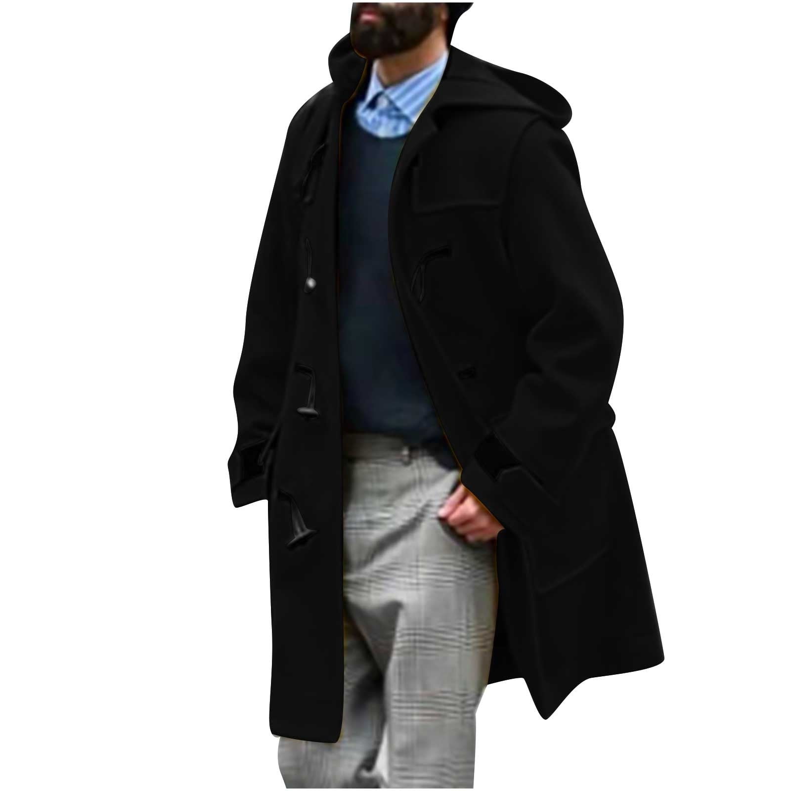 JUUYY Men 's Trench Coat Duffle Hooded Jacket Stylish Mid-Length