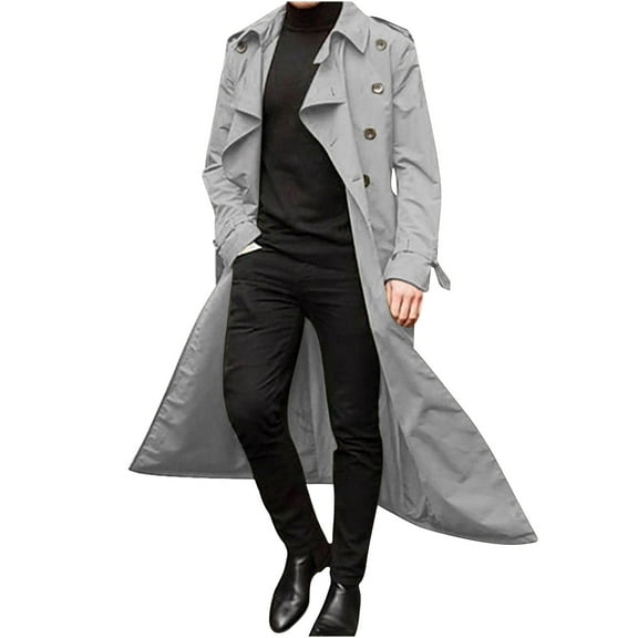 JUUYY Men's Trench Coat Fashion Easy Notch Lapel Business Casual Jacket Solid Long Pea Coat Windbreaker Overcoat Gray S