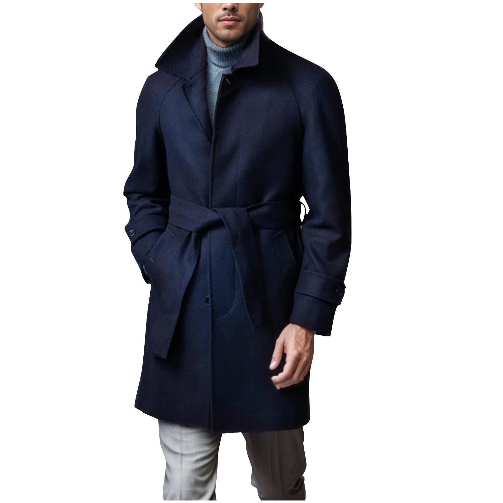 JUUYY Men s Trench Coat Slim Fit Notch Lapel Single Breasted Top Coat Winter m Cotton Business Long Jacket Solid Color Overcoat Navy M Walmart