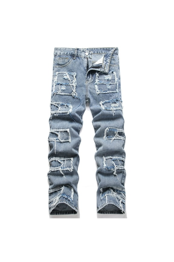 Men's Trendy Stacked Jeans Slim Fit Ripped Jeans Skinny Patchwork Jeans Straight Leg Hip Hop Demin Pants Trouser Light Blue XXL