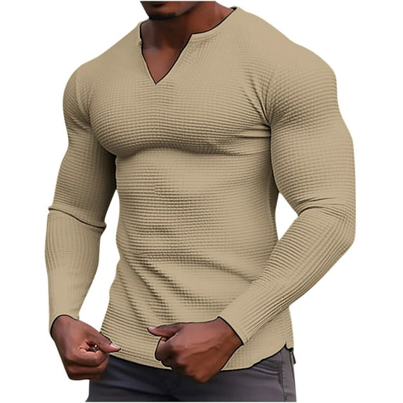 JUUYY Men's V Neck Waffle Knit Sweaters Long Sleeve Slim Fit Thermal Tops Casual Lightweight Muscle T Shirts Stretchy Solid color Undershirts Khaki M
