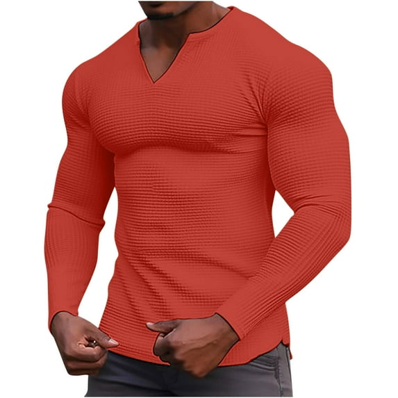 JUUYY Men's V Neck Waffle Knit Sweaters Long Sleeve Slim Fit Thermal Tops Casual Lightweight Muscle T Shirts Stretchy Solid color Undershirts Orange M