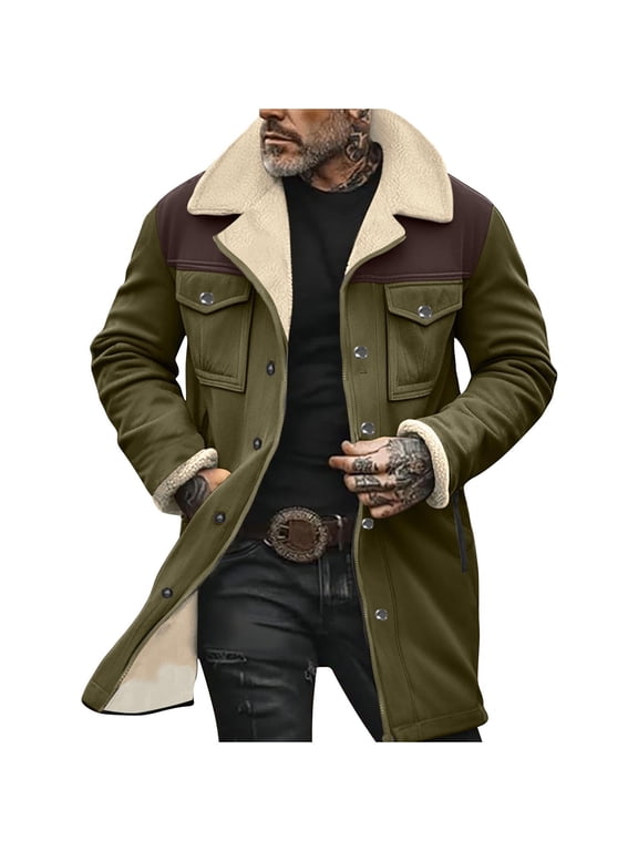Men's Vintage Suede Patchwork Lamb Fleece Multi Pocket Reverse Collar Western Outdoor Windbreaker Jacket Coat Retro Top Army Green L