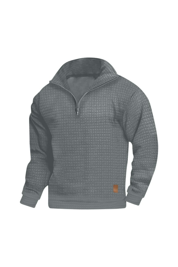 Men's Waffle-Knit 1/4 Zip Pullover Rib Knit Sweatshirt Mock Neck Zipper Long Sleeve Shirts Loose Fit Christmas Sweater Dark Gray L