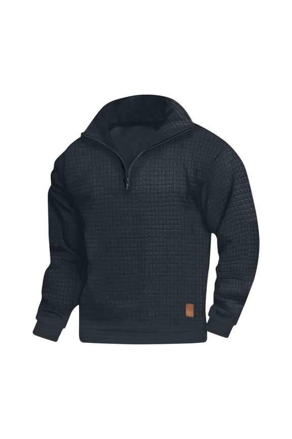 Men's Waffle-Knit 1/4 Zip Pullover Rib Knit Sweatshirt Mock Neck Zipper Long Sleeve Shirts Loose Fit Christmas Sweater Navy S