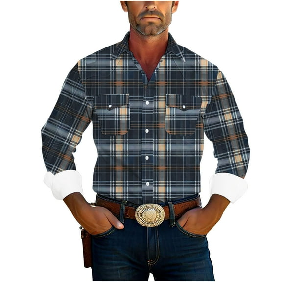 JUUYY Men's Western Style Plaid Shirts Casual Loose Collared Tops Long Sleeve Button Down Pockets Shirt Top Navy S