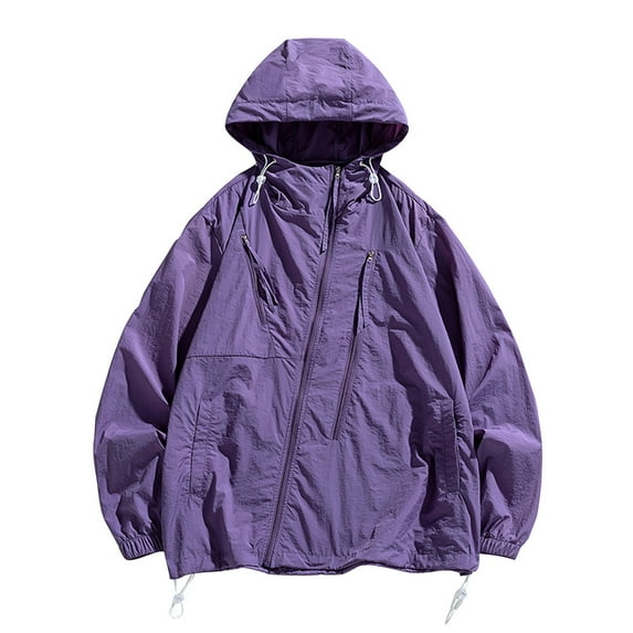 JUUYY Men's Windbreaker Light Hooded Solid Color Long Sleeve Zip Sun Protection Outdoor Lightweight Fashion Jackets with Pockets Purple M