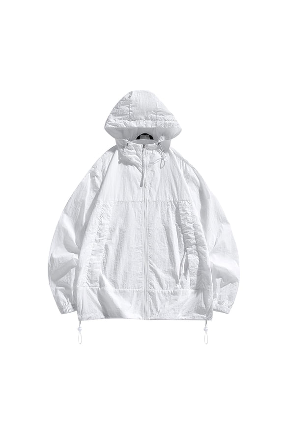 Men's Windbreaker Light Hooded Solid Color Long Sleeve Zip Sun Protection Outdoor Lightweight Fashion Jackets with Pockets White XXL