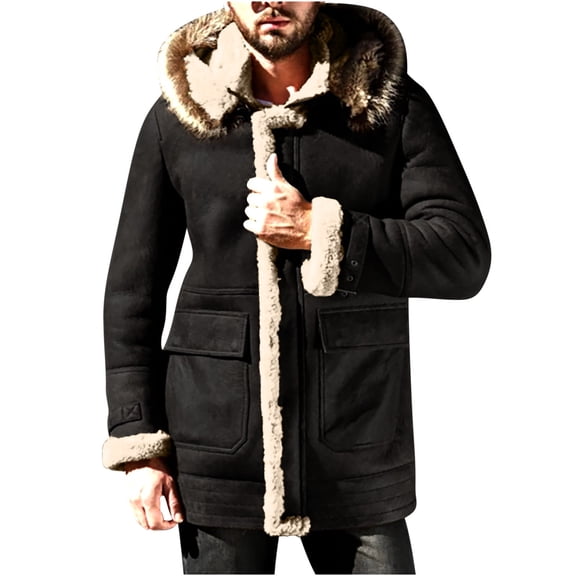 JUUYY Men's Winter Coats Shearling Leather Coat Faux Suede Sherpa Lined Heavyweight Flight Bomber Sheepskin Coats Black XXXL