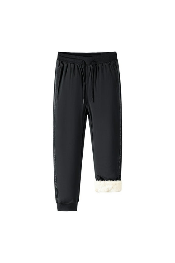 Men's Winter Fleece Pants Sherpa Lined Solid Color Drawstring Sweatpants Active Warm Elastic Waist Thick Jogger Trousers Black M