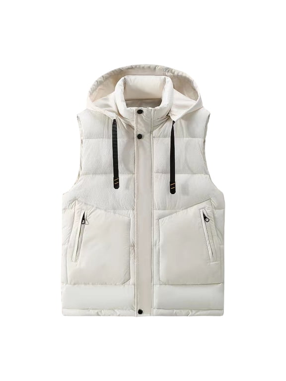 Men's Winter Puffer Vest Zip Up Removable Hooded Padded Vest Casual Warm Sleeveless Quilted Jacket with Pocket Outerwear White S