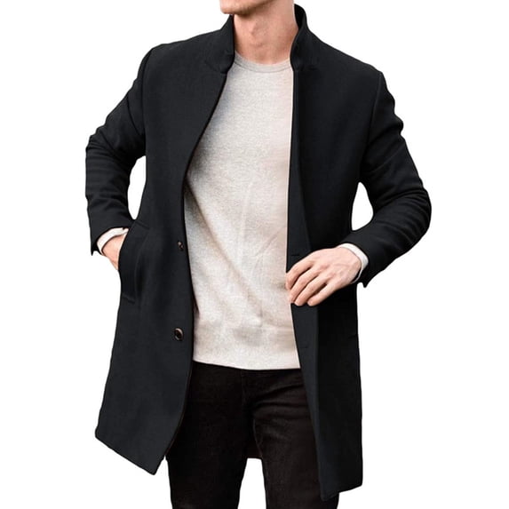 JUUYY Men's Winter Single Breasted Stand Collar Business Office Wool Blend Trench Solid Color Trendy Pea Coat Black L