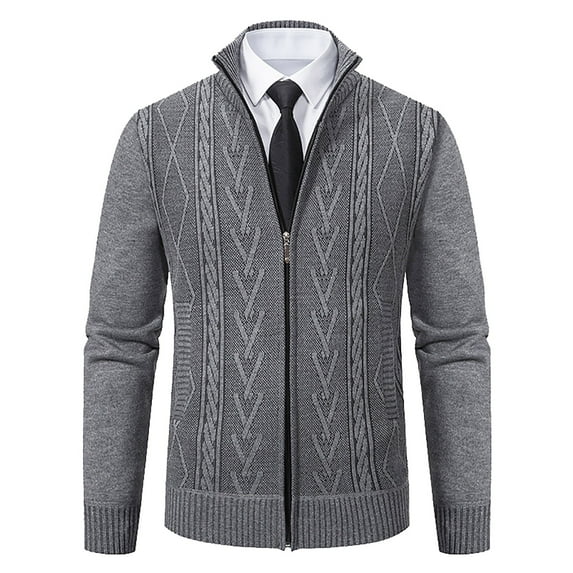 JUUYY Men's Winter Thermal Full Zip Cardigan Sweater Slim Fit Stand Collar Cable Knitted Jackets Solid Color Warm Coats Gray XXXL