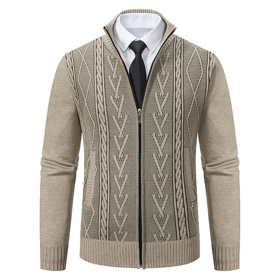 JUUYY Men's Winter Thermal Full Zip Cardigan Sweater Slim Fit Stand Collar Cable Knitted Jackets Solid Color m Coats Beige M