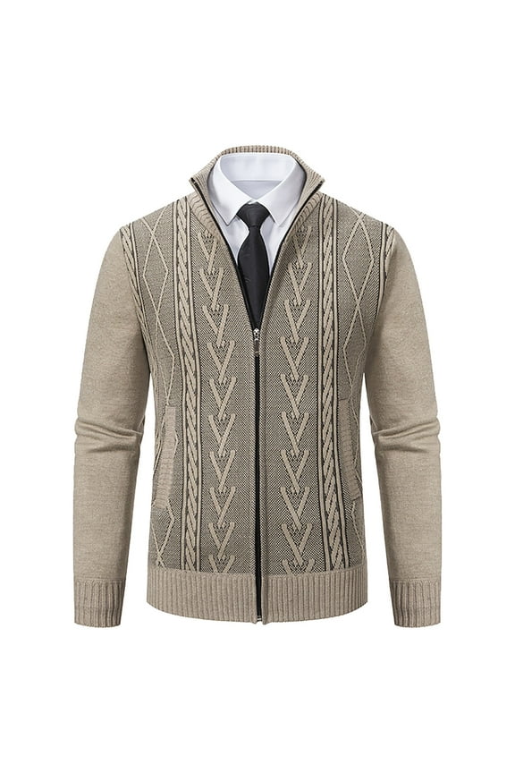 Men's Winter Thermal Full Zip Cardigan Sweater Slim Fit Stand Collar Cable Knitted Jackets Solid Color m Coats Beige M