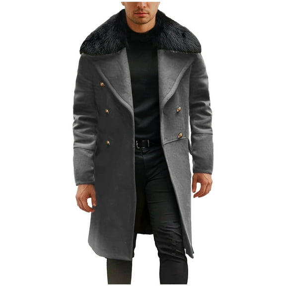 JUUYY Men's Wool Blend Double Breasted Overcoat Winter Slim Fit Long Trench Coat Classic Lightweight Solid Color Warm Business Pea Jacket Gray S