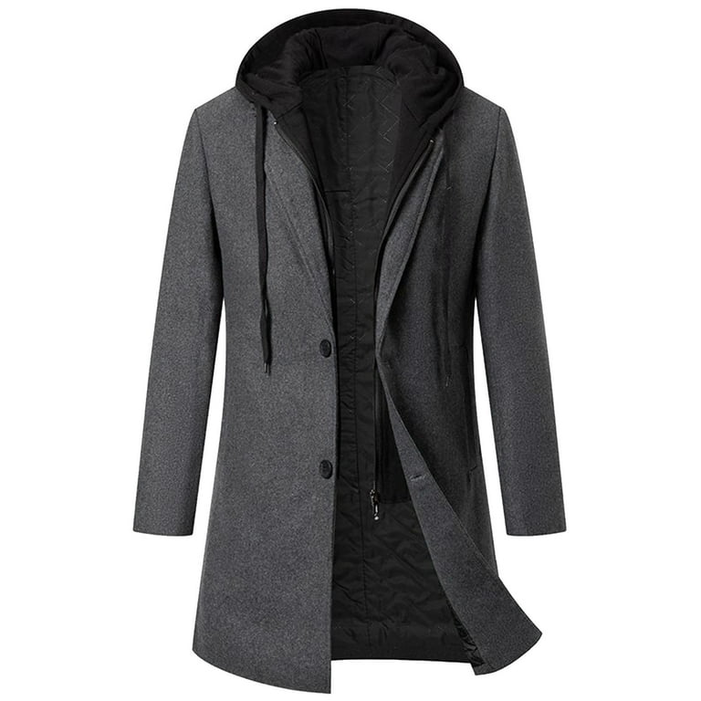 JUUYY Men's Wool Coat Hoodie Drawstring Long Trench Coat