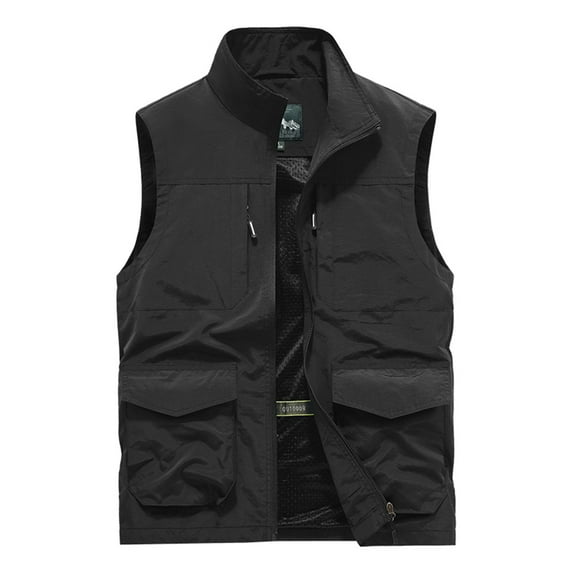 JUUYY Men's Work Clothes Jacket Solid Color Stand-up Collar Zipper Waistcoat Lightweight Quick Dry Outdoor Multi Pockets Fishing Vest Black XL