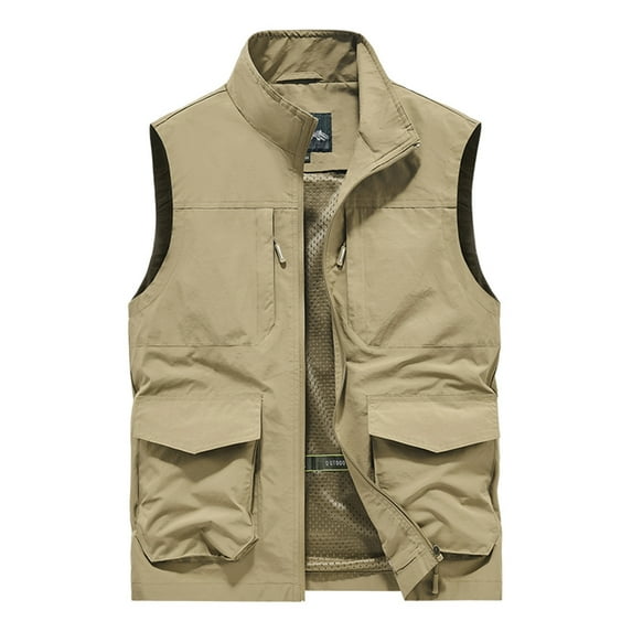 JUUYY Men's Work Clothes Jacket Solid Color Stand-up Collar Zipper Waistcoat Lightweight Quick Dry Outdoor Multi Pockets Fishing Vest Khaki XXXL