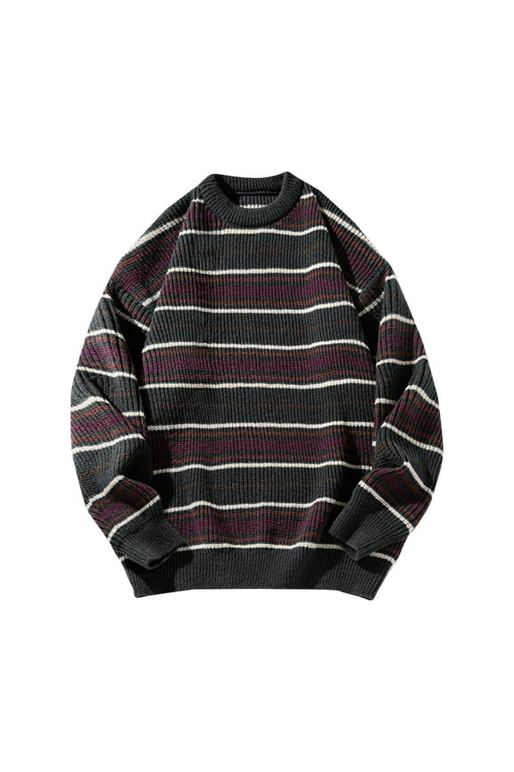 Men's Y2k Striped Sweater Vintage Aesthetic Grandpa Knitted Pullover Tops Long Sleeve Crewneck Women Grunge Clothes Dark Gray XXL