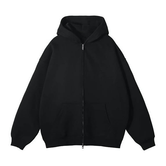 JUUYY Men's Zip Up Hoodie Long Sleeve Drop Shoulder Oversized Jacket Drawstring Fashion Workout Fleece Pullover Solid Color Trendy Sweatshirt Black L