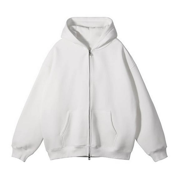 JUUYY Men's Zip Up Hoodie Long Sleeve Drop Shoulder Oversized Jacket Drawstring Fashion Workout Fleece Pullover Solid Color Trendy Sweatshirt White M