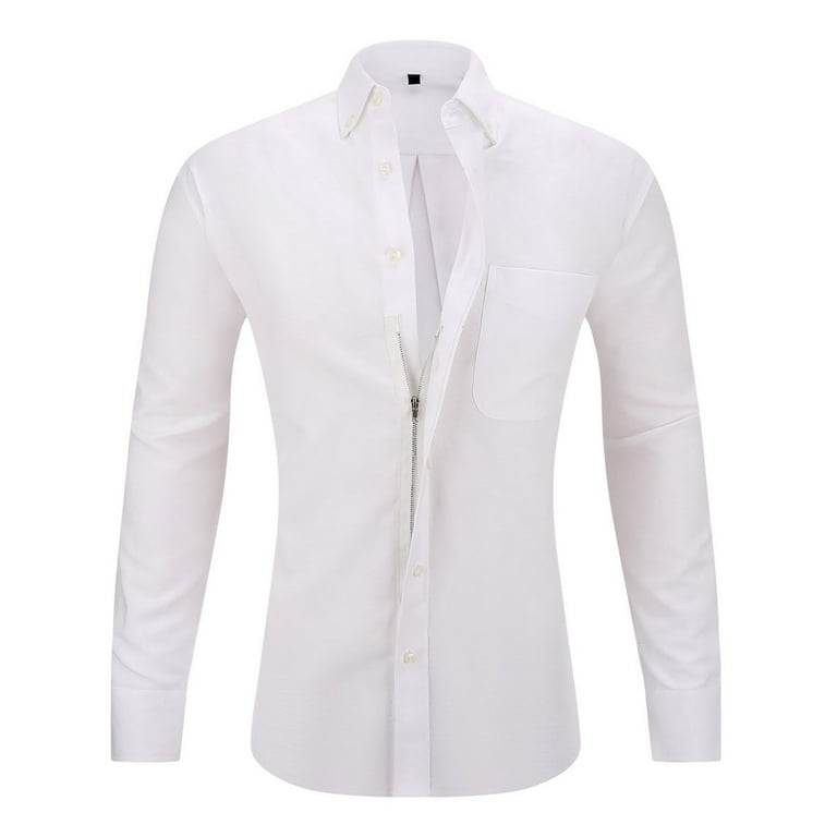 JUUYY Men s Zipper Dress Shirts Long Sleeve Button Down Half Hidden Zip Slim Fit Shirt Wrinkle Stretch Tops for Work Solid Color Wedding White S