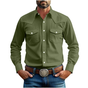 JUUYY Mens 100%Cotton Button Down Shirts with Two Pockets Classic Solid Colour Long Sleeve Lapel Work Shirt Tops Army Green L
