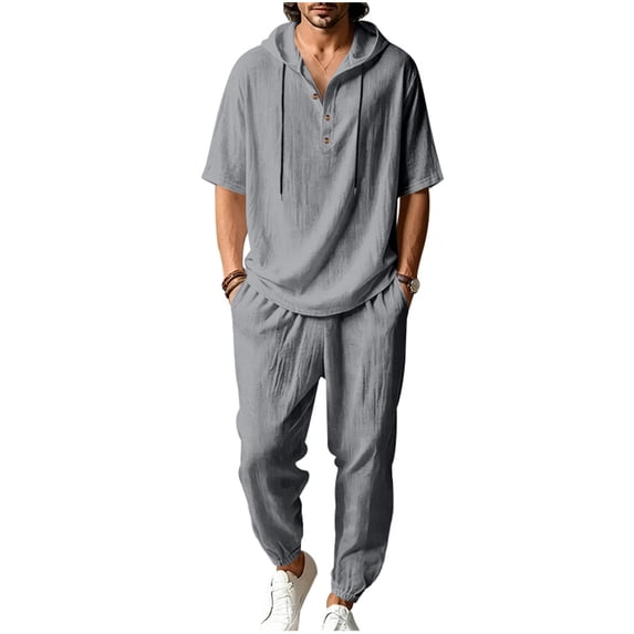 JUUYY Mens 2 Piece Linen Set Long Sleeve Button Down Casual Hoodie Shirt and Loose Jogger Pants Sets Beach Vacation Summer Outfits Dark Gray XXXL