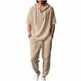 thumbnail image 1 of JUUYY Mens 2 Piece Linen Set Long Sleeve Button Down Casual Hoodie Shirt and Loose Jogger Pants Sets Beach Vacation Summer Outfits Khaki M, 1 of 9