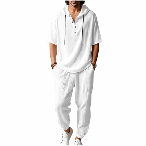 JUUYY Mens 2 Piece Linen Set Long Sleeve Button Down Casual Hoodie Shirt and Loose Jogger Pants Sets Beach Vacation Summer Outfits White S