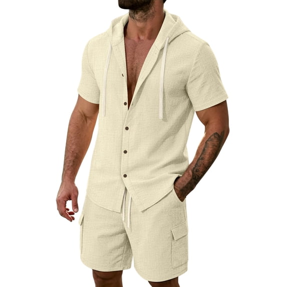JUUYY Mens 2 Piece Outfits Short Sleeve Hoodies Sets Button Down Shirts and Cargo Shorts Set Vacation Casual Tracksuit with Pockets Khaki XXL