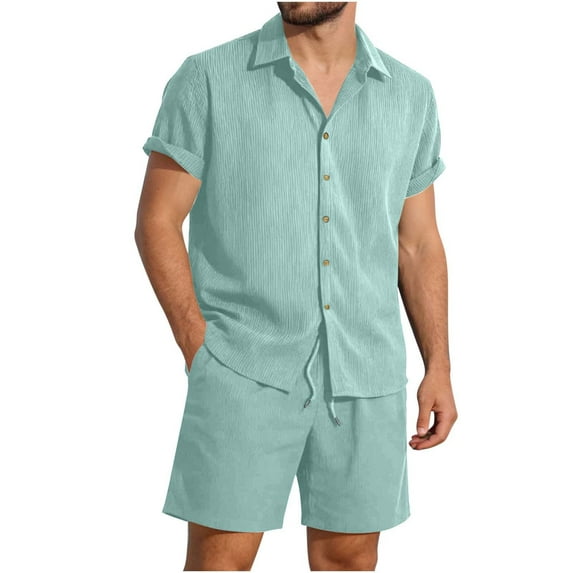 JUUYY Mens 2 Piece Vacation Outfits Button Down Short Sleeve Shirt and Drawstring Shorts Casual Textured Beach Summer Matching Sets Mint Green L