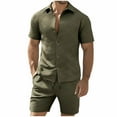 thumbnail image 1 of JUUYY Mens 2 Piece Vacation Outfits Button Down Short Sleeve Shirt and Shorts Casual Textured Running Athletic Summer Matching Sets Army Green M, 1 of 9
