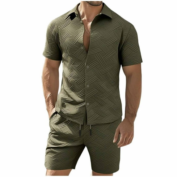 JUUYY Mens 2 Piece Vacation Outfits Button Down Short Sleeve Shirt and Shorts Casual Textured Running Athletic Summer Matching Sets Army Green M