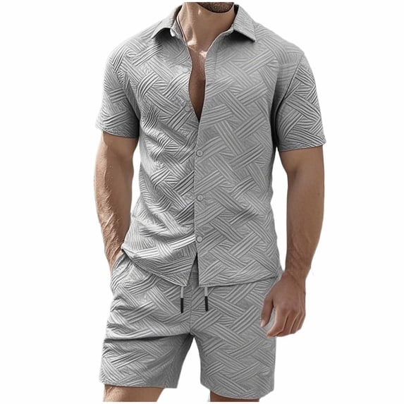 JUUYY Mens 2 Piece Vacation Outfits Button Down Short Sleeve Shirt and Shorts Casual Textured Running Athletic Summer Matching Sets Gray XXXL