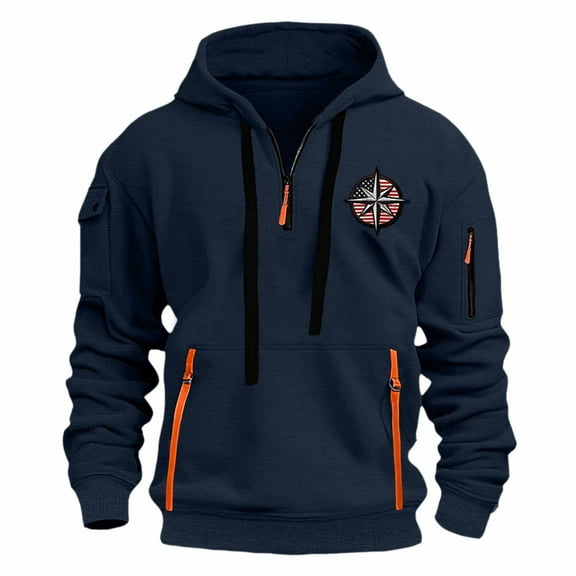 JUUYY Mens American Flag Design Hoodies 1/4 Zipper Pullover Casual Long Sleeve Hooded Sweatshirts with Drawstring Pocket Navy XXXL