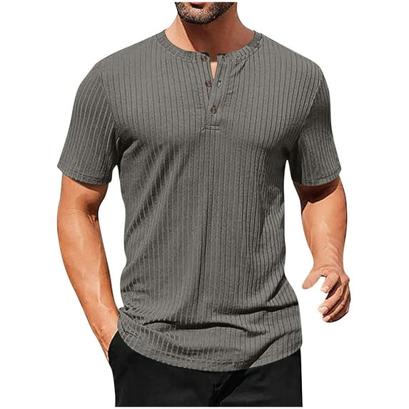 JUUYY Mens Button Down Ribbed Shirts Casual Comfort Knitting Solid Color Short Sleeve Round Neck T-Shirts Dark Gray M