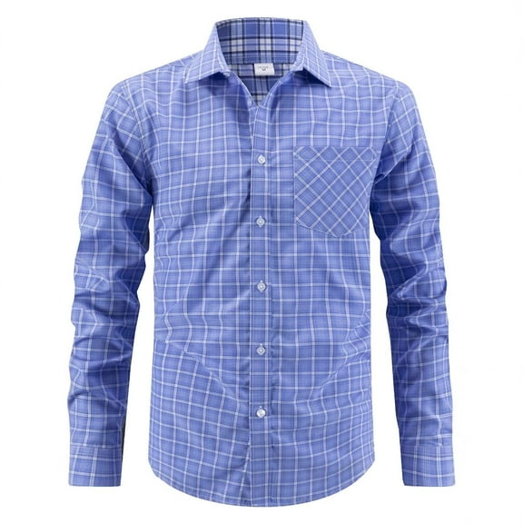 JUUYY Mens Button Down Shirts Slim Fit Plaid Long Sleeve Dress Shirt Lapel Collar Wrinkle Free Stretch Business Casual Shirt Blue XXXL
