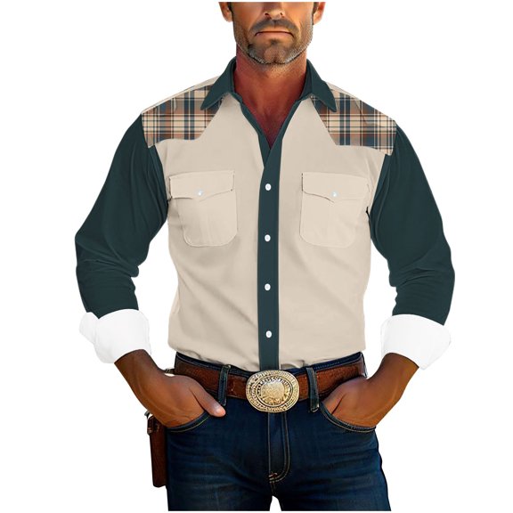 JUUYY Mens Button Up Shirts Cotton Long Sleeve Vintage Printed Shirts with Two Pockets Western Shirts for Men Navy L