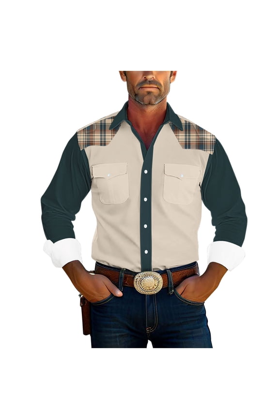 Mens Button Up Shirts Cotton Long Sleeve Vintage Printed Shirts with Two Pockets Western Shirts for Men Navy S