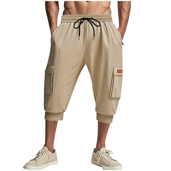 JUUYY Mens Cargo Shorts Loose Elastic Waist Drawstring Multi Pocket Tapered Leg Capris Pants Casual Summer Outdoor Hiking Sports Shorts Khaki XXXL