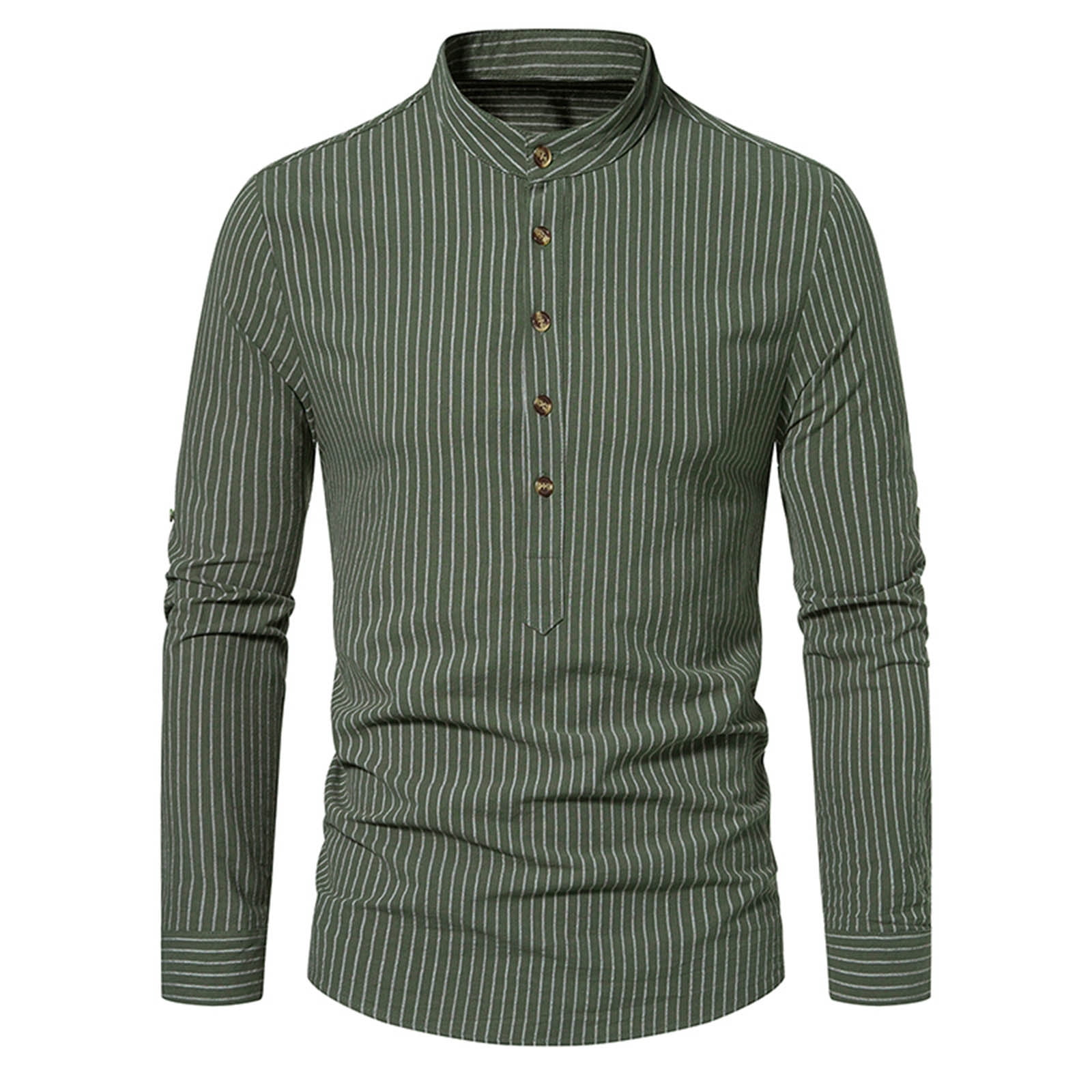 JUUYY Mens Casual Banded Collar Stripe Dress Shirts Long Sleeve