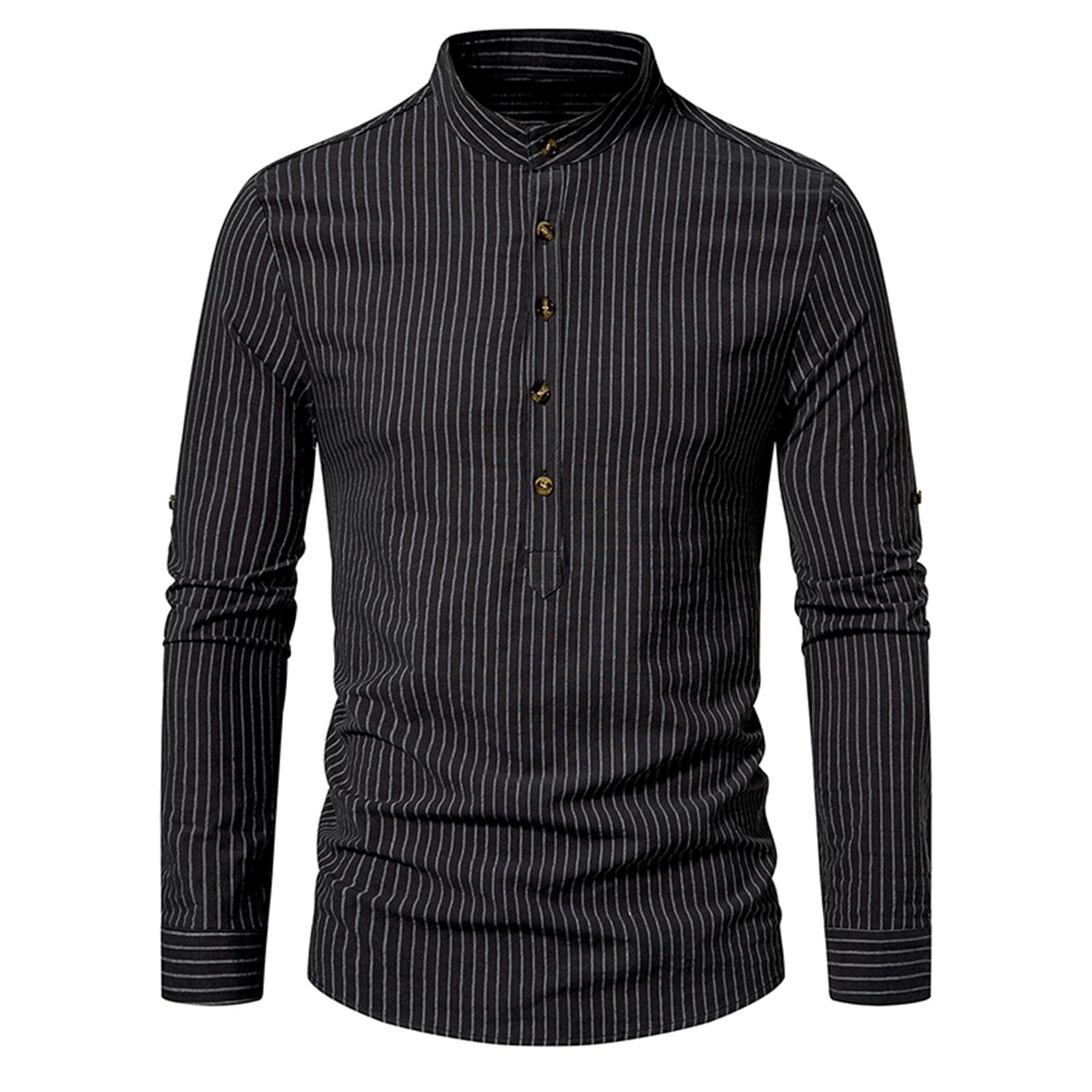 トップス moon STRIPE BAND COLLAR LONG SHIRT JUUYY Mens Casual Banded Collar Stripe Dress Shirts Long Sleeve
