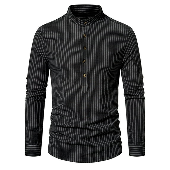 JUUYY Mens Casual Banded Collar Stripe Dress Shirts Long Sleeve Button Down Mandarin Collar Shirt Fall Solid Color Stretch Shirt Tops Black S