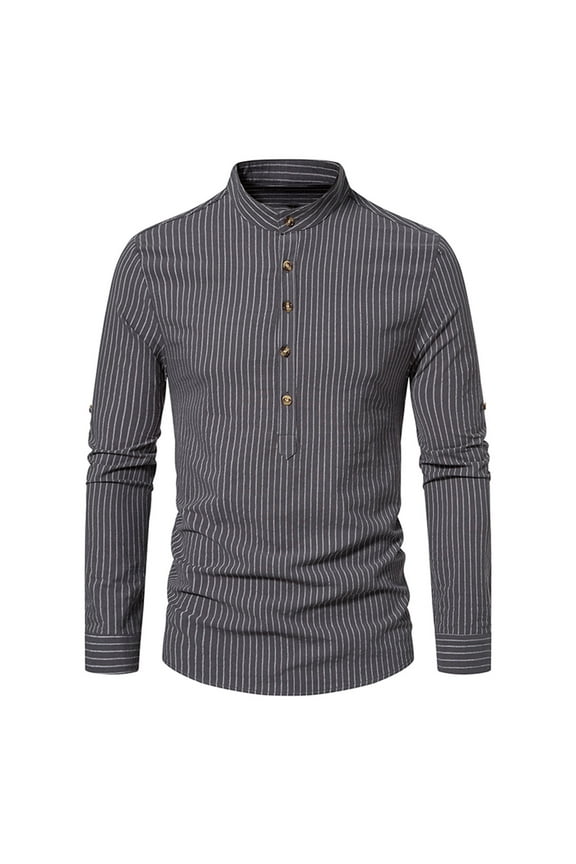 Mens Casual Banded Collar Stripe Dress Shirts Long Sleeve Button Down Mandarin Collar Shirt Fall Solid Color Stretch Shirt Tops Dark Gray L