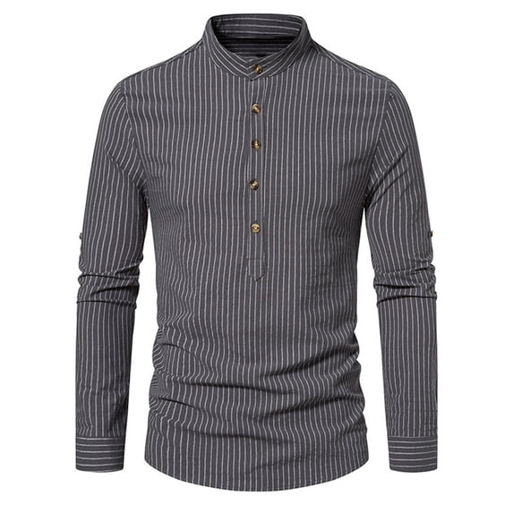 JUUYY Mens Casual Banded Collar Stripe Dress Shirts Long Sleeve Button Down Mandarin Collar Shirt Fall Solid Color Stretch Shirt Tops Dark Gray XXL