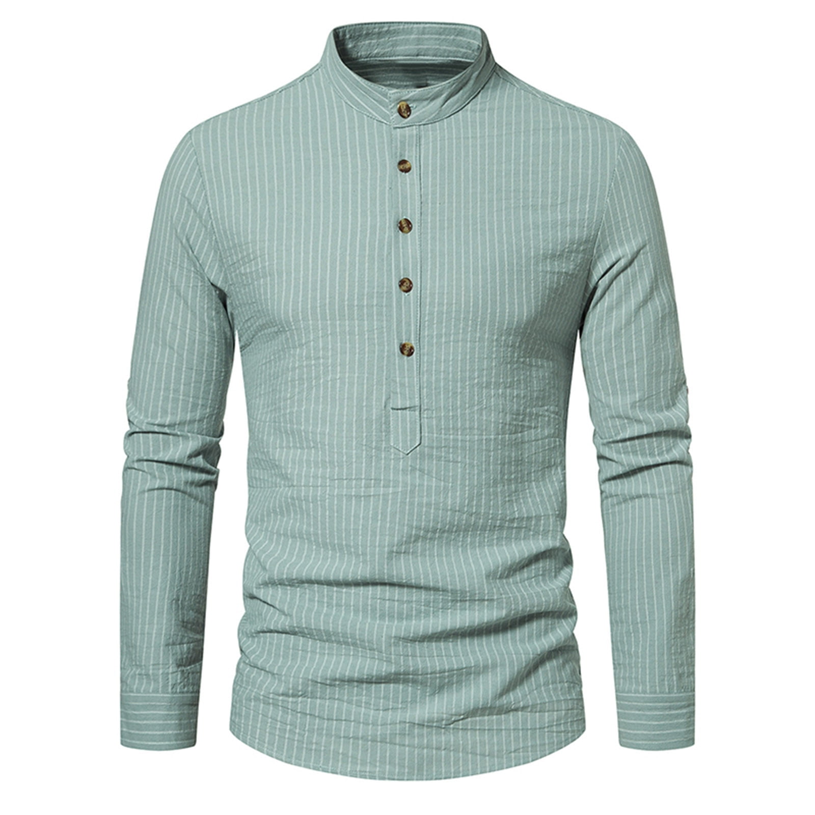JUUYY Mens Casual Banded Collar Stripe Dress Shirts Long